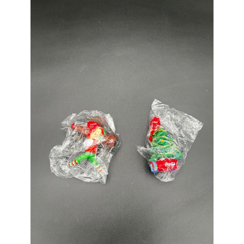 Coca-Cola Christmas Ornaments Set of 2 Elf with Bottle and Decorated Tree